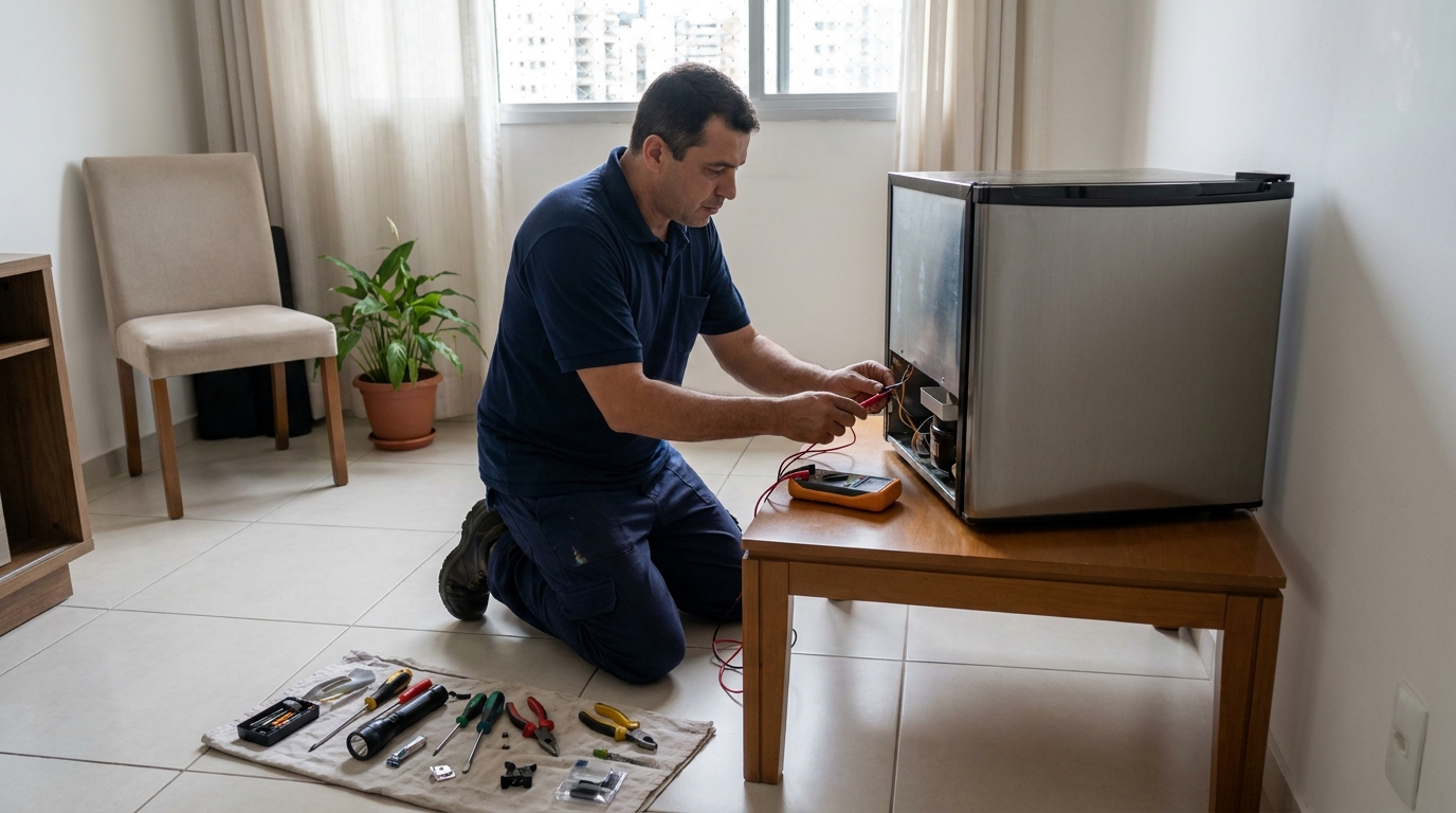 Técnico revisando o motor de um frigobar em Recife‑PE