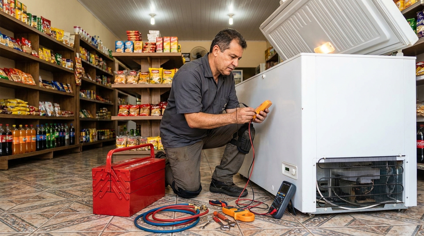 Manômetro conectado ao circuito durante recarga de gás de freezer em Recife‑PE