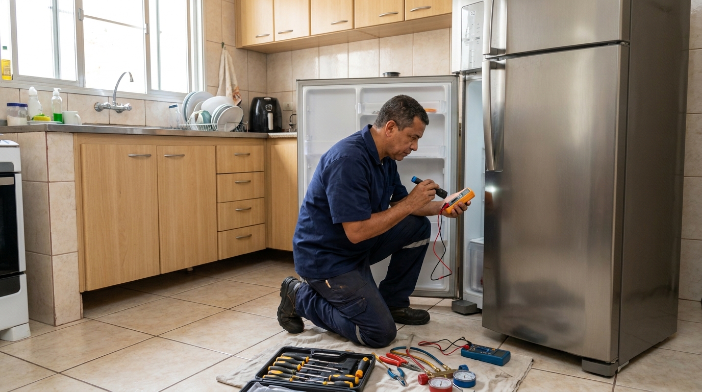 Técnico fazendo recarga de gás em geladeira de cliente em Recife‑PE