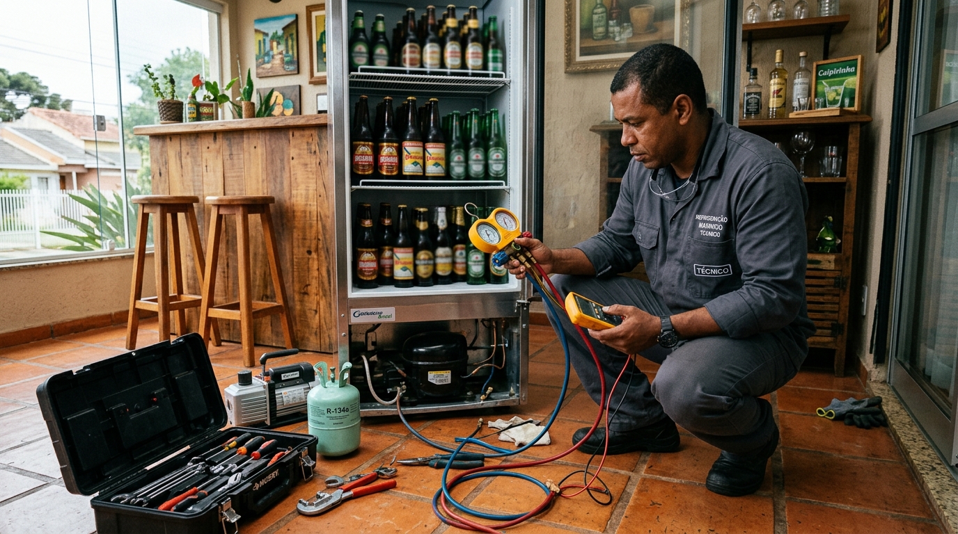 Técnico conferindo a temperatura de uma cervejeira durante atendimento em Recife‑PE
