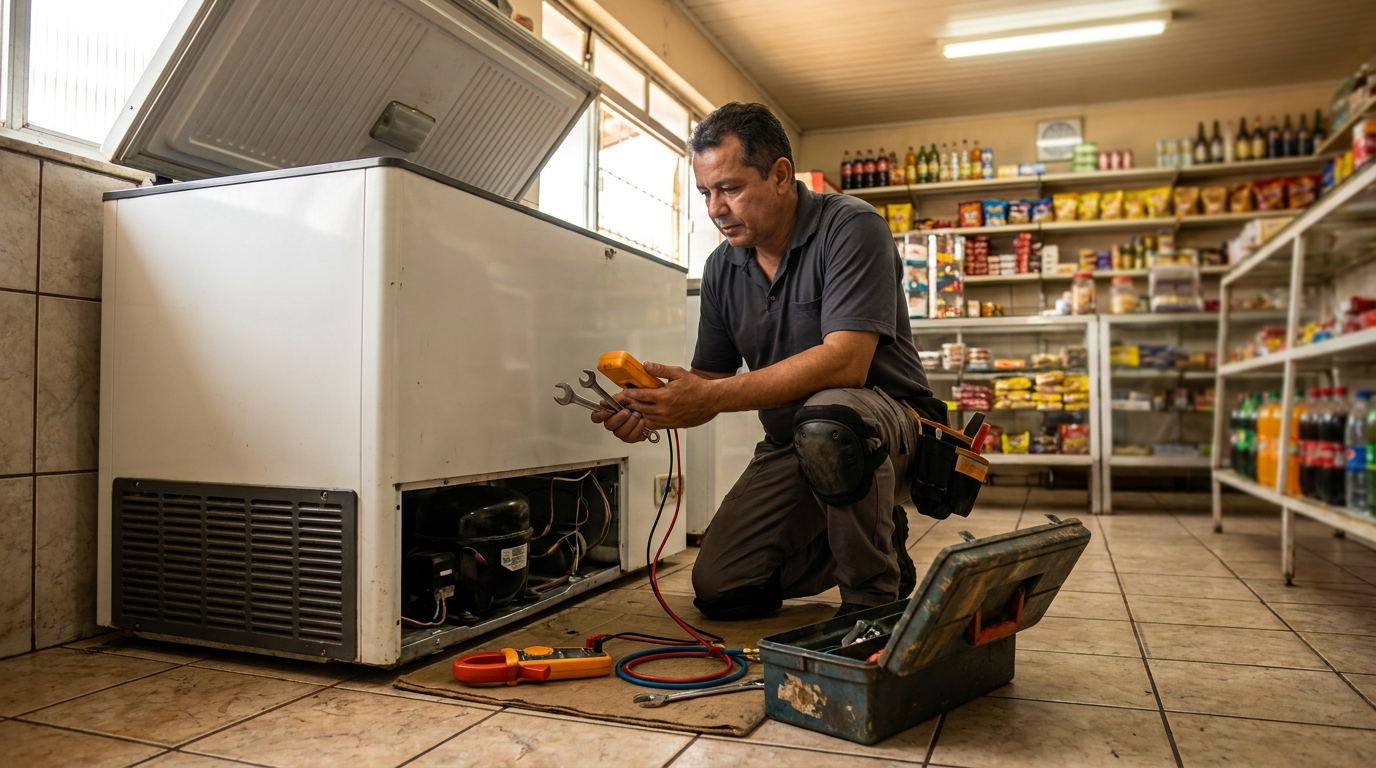 Técnico avaliando um freezer vertical durante atendimento em Recife‑PE